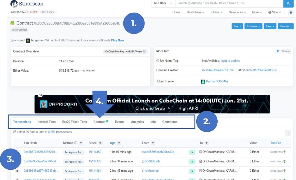 Etherscan Smart Contract Detailseite